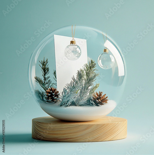 white card vertically inside a crystal ball, with wooden stand bottom of the ball, inside the ball is christmas theme with pine corn behind the white card, plain light blue background, modern.