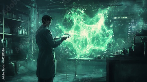 A scientist examines a glowing green orb in a dimly lit laboratory.