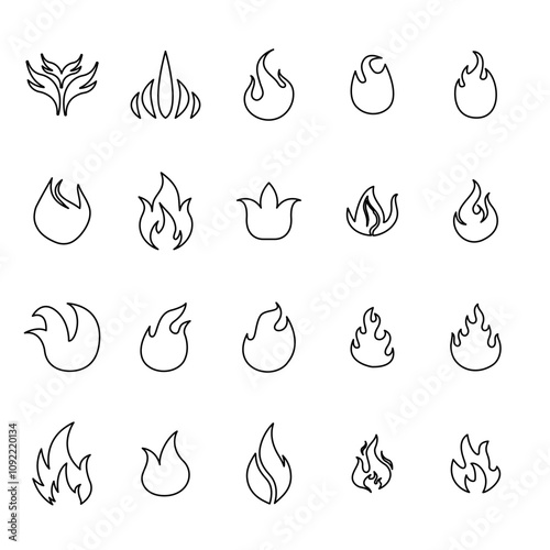 Fire flames, set vector icons Fire and flames outline icon set. Contour bonfire, linear flaming elements. Hand drawn monochrome different fire flame vector illustration. vector fire flame set isolated