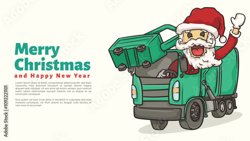 santa clause ridegarbage truck for Recycle andYard Waste Management chirstmas and happy new year greeting card and web page template vector illustration