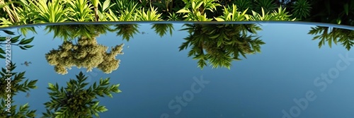 A small pool of water reflecting the surrounding foliage, ripples, fish, forest floor photo