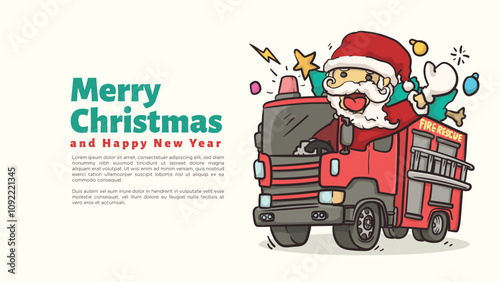 santa clause ride fire trucks for firefighter chirstmas and happy new year greeting card and web page template vector illustration