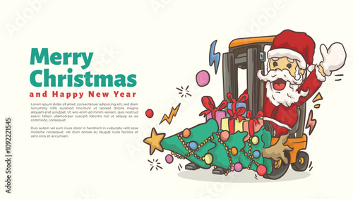 santa clause ride fork lift for for industrial, construction, warehouse, logistics, and transportation themes chirstmas and happy new year greeting card and web page template vector illustration