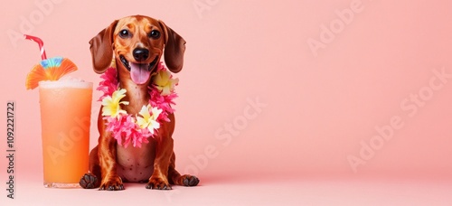 A cheerful dog wearing a flower lei sits next to a tropical drink on a pink background. photo