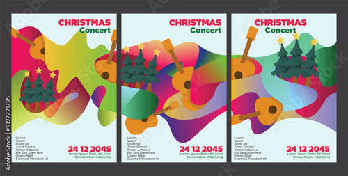  Artistic Christmas Concert Design Featuring Guitar and Festive Decor. abstract christmas music poster set teplate vector illustration.