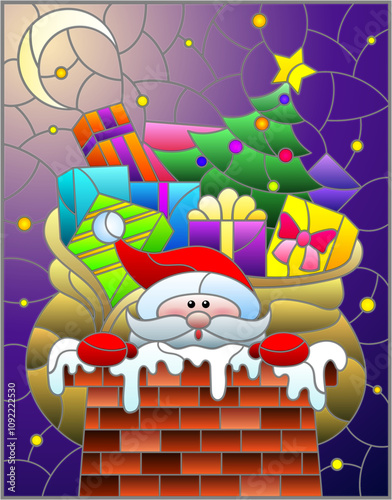 Stained glass illustration with Santa and a bag of gifts on the roof against the background of the night sky