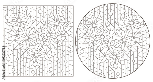 A set of contour illustrations in the style of stained glass with abstract condlors , dark contours on a white background