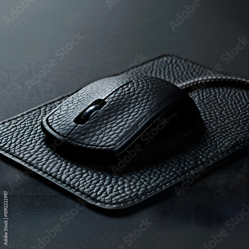 wired mouse with mousepad on black textured table, closeup with white shades, png photo