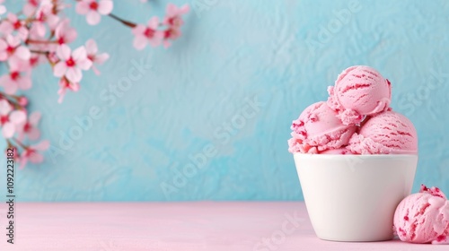 Pink ice cream scoops in a bowl with blossoms.