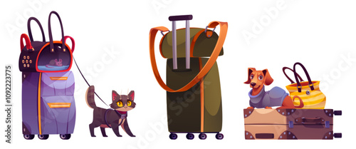 Pet travel gear with carrier backpack for cat transportation, rolling luggage with straps, suitcase where small brown dog sits next to handbag. Equipment for comfortable trip with domestic animals.