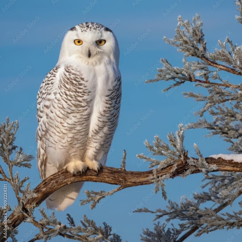 Fototapeta premium A snowy owl perched on a frosty tree branch in the tundra