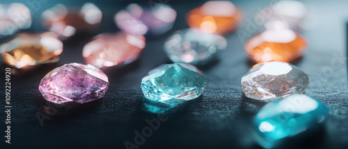 Colorful gemstones scattered on a dark surface, reflecting light and highlighting their unique shapes. photo