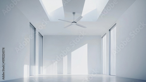 Modern bright interior with skylights and ceiling fan in minimalist design