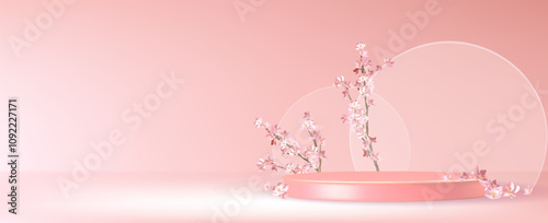 Minimalist pink display podium decorated with delicate sakura blossoms and circular glass element. 3d vector cylindrical pedestal surrounded by blooming cherry branches for romantic spring design.