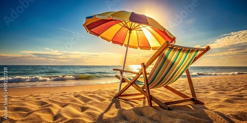 Captivating Macro Shot of a Colorful Beach Umbrella and Chair on a Sandy Shore, Perfectly Illustrating the Essence of Vacation and Travel Bliss by the Ocean's Edge