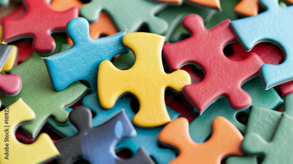 Fototapeta premium A collection of puzzle pieces of different shapes and colors, fitting together seamlessly