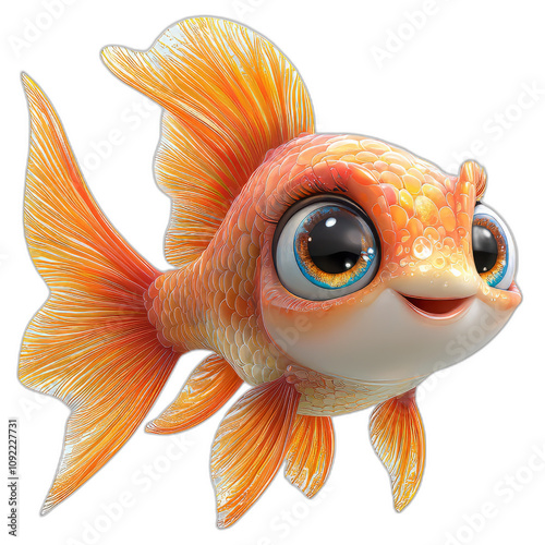vibrant, cartoon style goldfish with large expressive eyes and bright orange fins, swimming joyfully. This whimsical character brings sense of fun and cheer