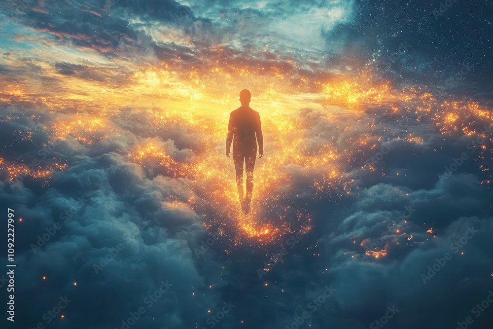 Obraz premium Futuristic visionary utilizing advanced technology in an ethereal cloud environment conceptualizing the future