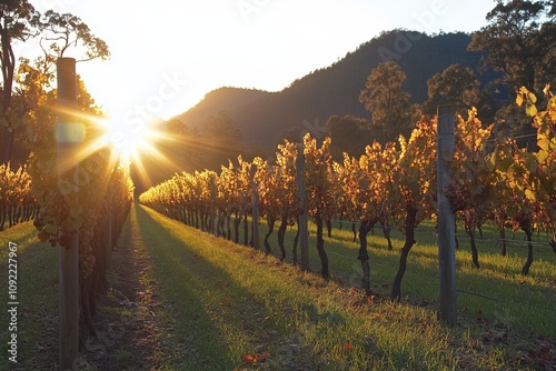 Golden Sunset Illuminating Vineyard Rows with Grapes and Mountain Backdrop by Generative Ai Photo photo