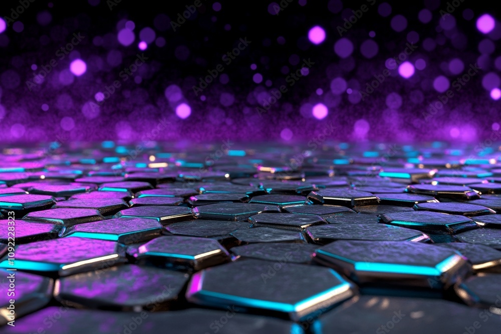 Obraz premium Futuristic abstract background with glowing neon hexagons in shades of cyan and purple, set against a dark background