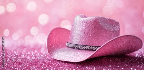 Pink glitter cowgirl hat on sparkling pink background. Copy space, free space for text
