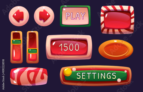 Game interface elements with candy styled design - glossy buttons, score display, settings panel and navigation arrows. Sweet caramel frames with striped pattern for confectionery themed mobile gaming