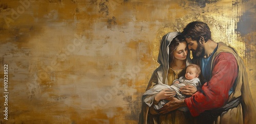 The painting depicts Mary, Joseph and the baby Jesus.  Copy space, free space for text.