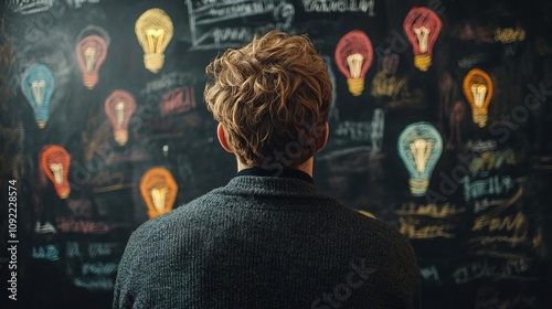 Man gazes at colorful light bulb drawings on a blackboard