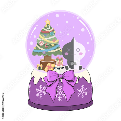 BT21's VAN sitting next to a Christmas tree in a purple snow globe. 보라색 스노우 글로브 속 크리스마스 트리 옆에 앉아 있는 BT21의 반