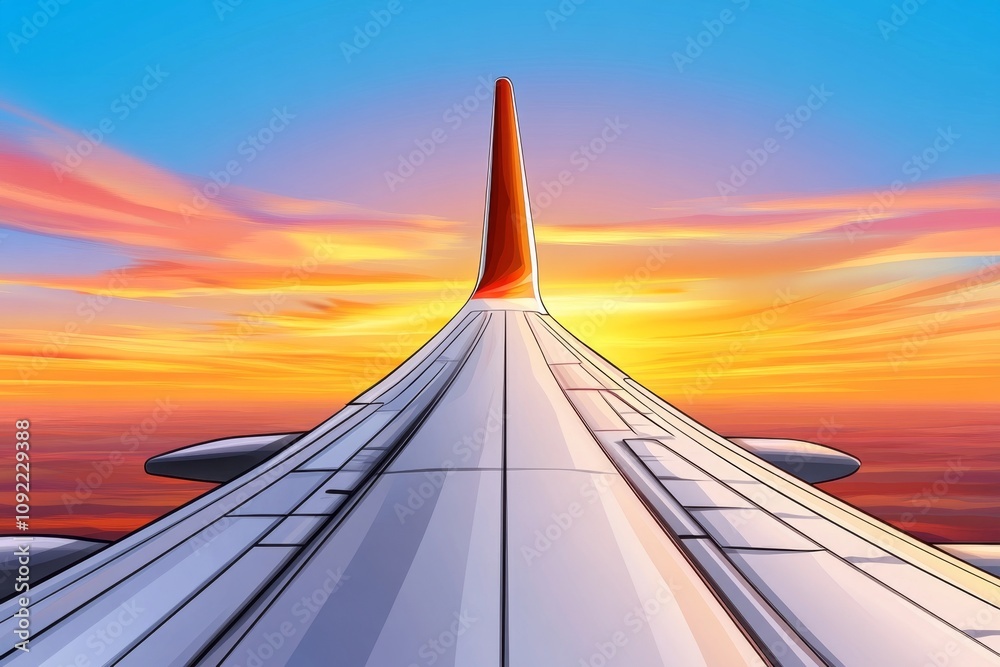 Fototapeta premium Simple 2D illustration of an airplaneâ€™s wing view with soft gradient tones, minimalist yet detailed
