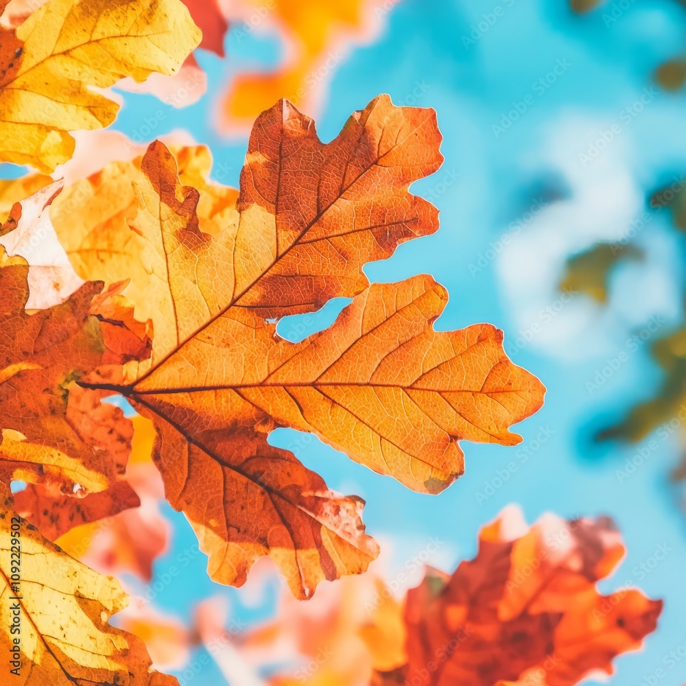 Obraz premium Vibrant autumn leaves against a bright blue sky.