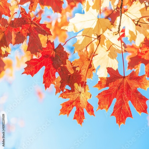 Vibrant autumn leaves against a clear blue sky.