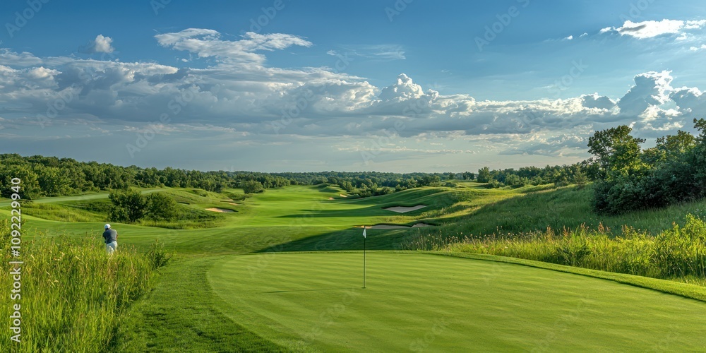 A scenic view of a golfer driving the ball, with the green and flag visible in the distance. A scenic view of a golfer driving the ball, with the green and flag visible in the distance.