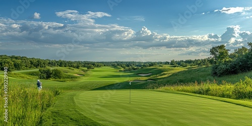 A scenic view of a golfer driving the ball, with the green and flag visible in the distance.