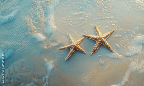 Starfish resting on sandy beach as gentle waves wash ashore during sunset