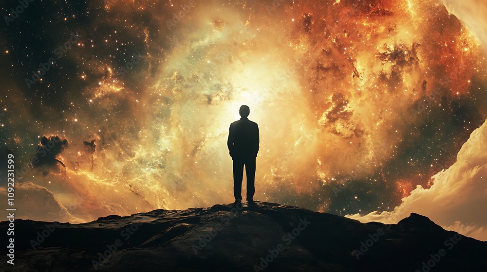 Fototapeta premium A Solitary Figure Stands on a Mountaintop Against a Cosmic Background