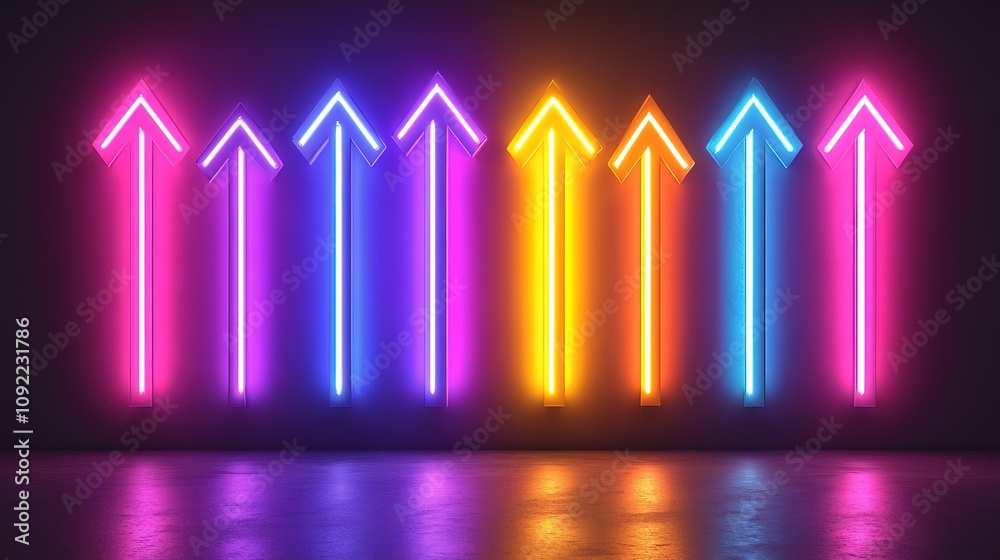 Fototapeta premium Increasing concept. A dynamic set of vibrant, neon-style upward arrows