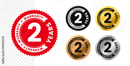 2 years warranty in circle. Two years warranty with circular text. Red, black, gold, silver, bronze premium color. For sticker, label, badge, icon, sign, emblem, stamp, logo, tag, seal, symbol. Vector