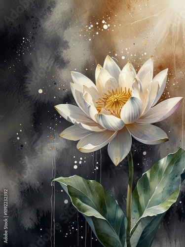 Watercolor White Lotus Floating Among Stars with Ethereal Light Effects photo