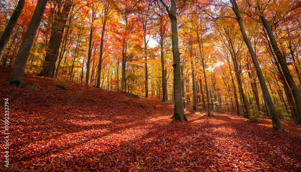 Obraz premium A vibrant autumn forest, colorful leaves in red, orange, and yellow with a carpet of fallen foliage.