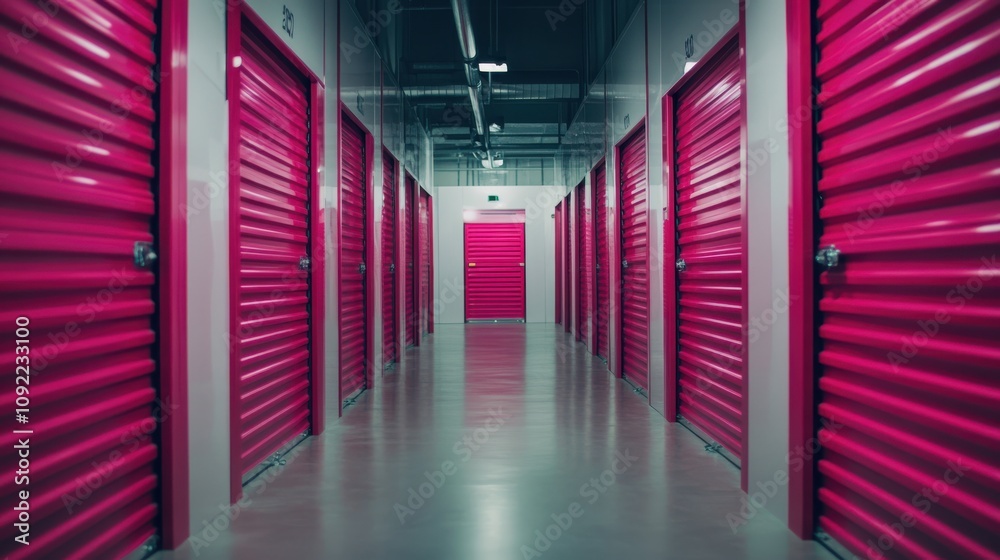 Fototapeta premium A long hallway of vibrant pink storage units creates a striking visual. The clean lines and uniform design emphasize the modern aesthetic.