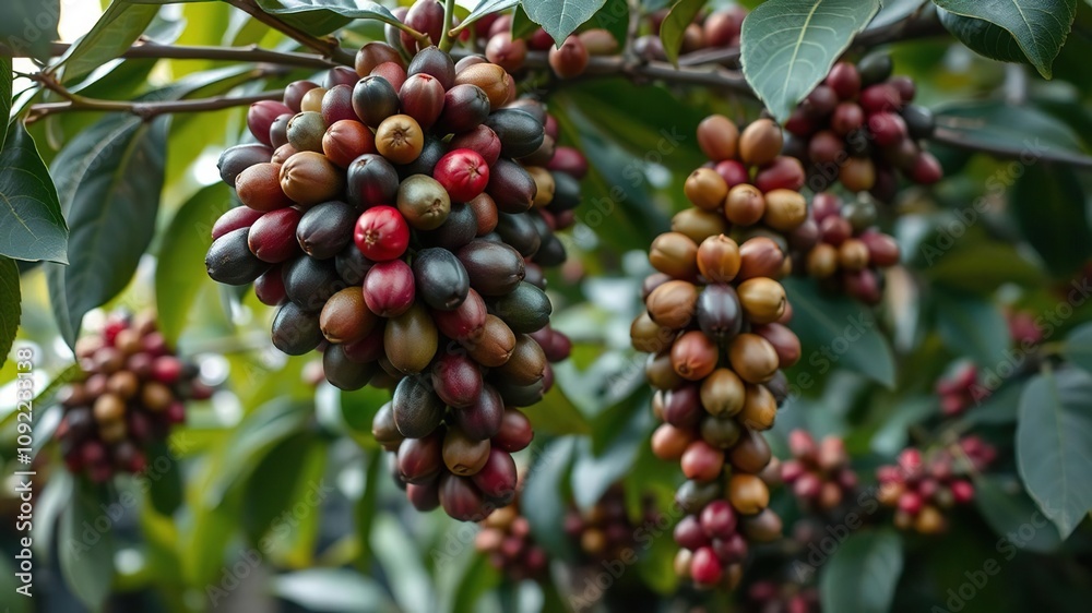 Obraz premium Freshly picked coffee beans hanging from branches on a coffee tree, coffee, leaves, branch