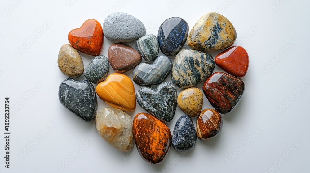 Obraz premium Polished stones in heart shape on white background symbolizing love