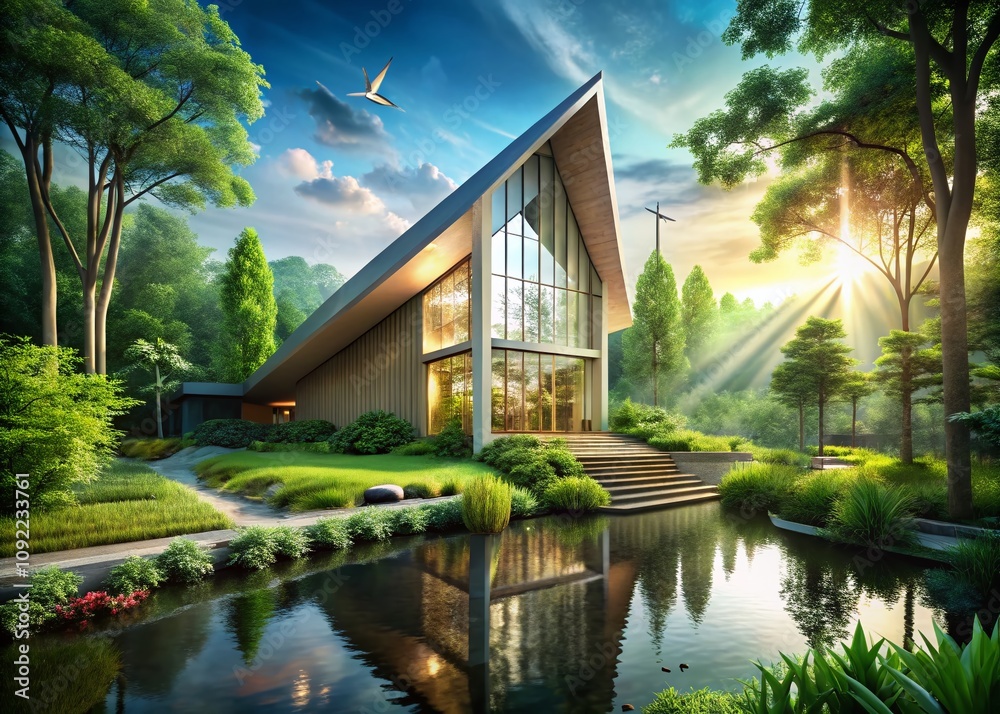 Obraz premium Conceptual Photography of a Modern Church Structure with Abstract Elements and Surrounding Nature, Symbolizing Spirituality and Community Gathering in a Serene Environment
