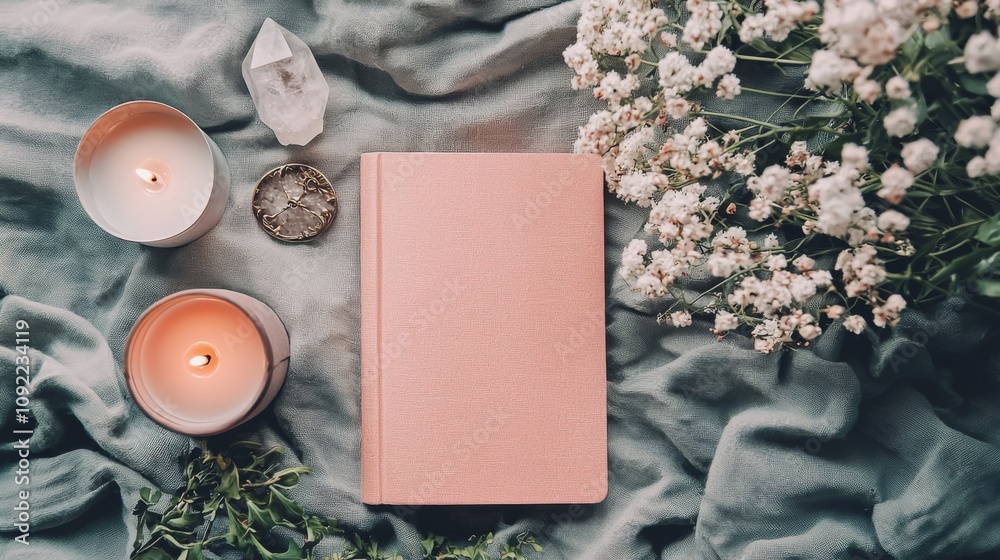 Peaceful meditation journal crystal pendulum candle on linen