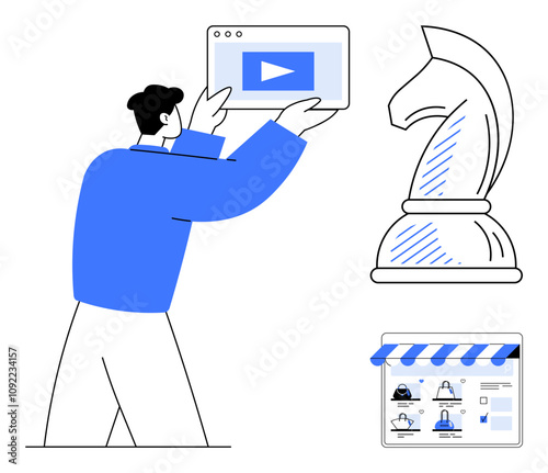 Person holds a video playback window, chess knight piece symbolizes strategy, digital storefront icon hints at online business. Ideal for content creation, digital marketing, online strategy