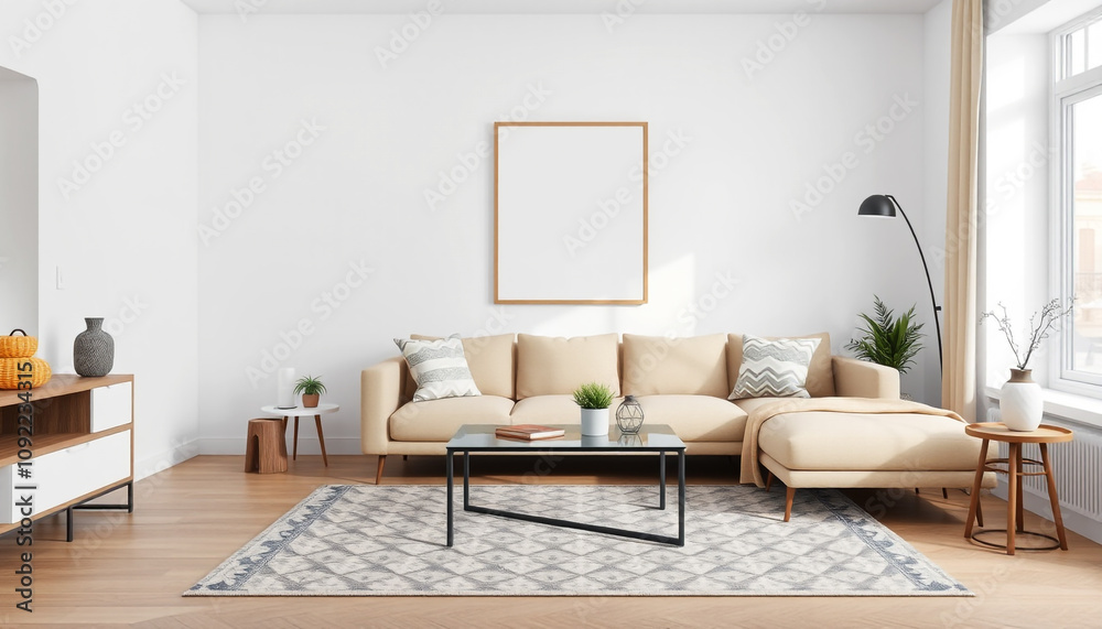 Fototapeta premium Modern Living Room with Cozy Sofa and Empty Blank Canvas Frame in The Wall, Art Design Inspiration Concept.