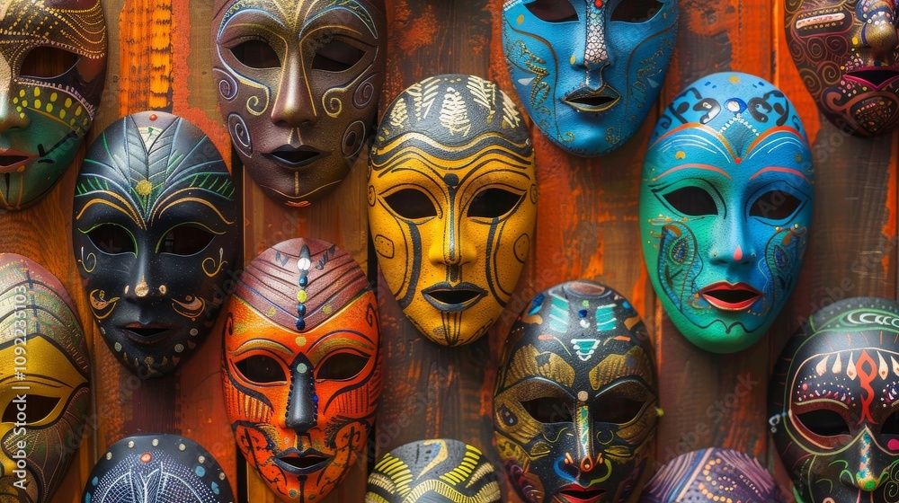 Fototapeta premium A collection of vibrant masks, each representing a different identity or culture within Diversity Equity INCLUSION From traditional to modern