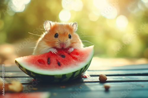 Cute hamster enjoying a slice of watermelon in a sunny garden setting