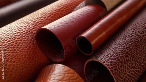 Rolls of high-quality leather, various textures and rich colors, embodying luxury, Buttery smooth hides in cognac and oxblood glisten like pools of liquid amber in soft light, Macro view exposes the photo